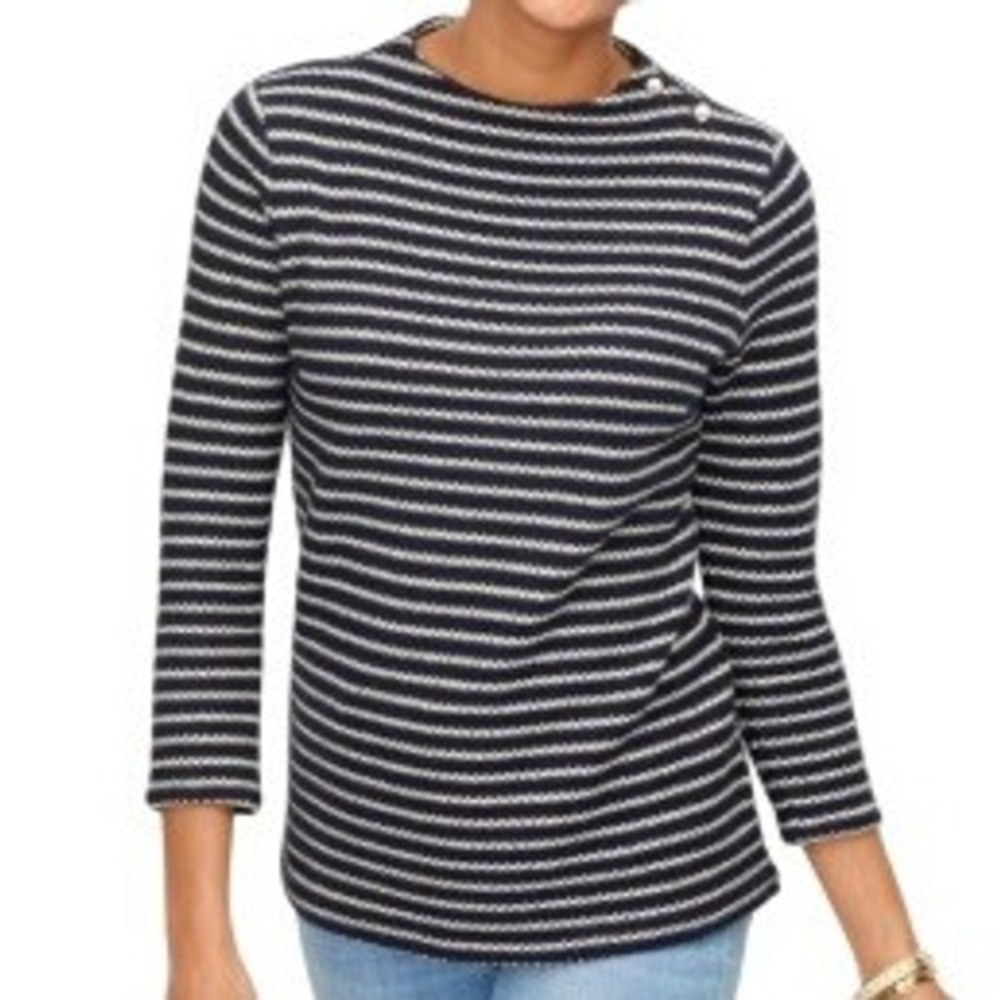 Talbots Black White Striped 3/4 Sleeve Knit Pullover Button Shoulder Size Medium